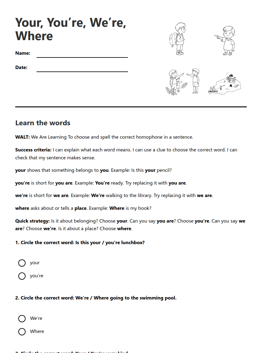 Your, You’re, We’re, Where worksheet preview