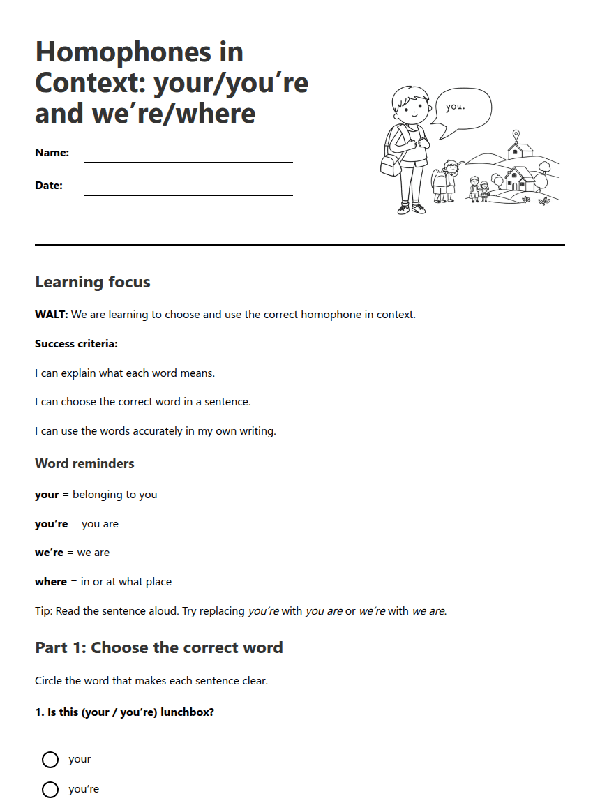 Your/You’re and We’re/Where worksheet preview