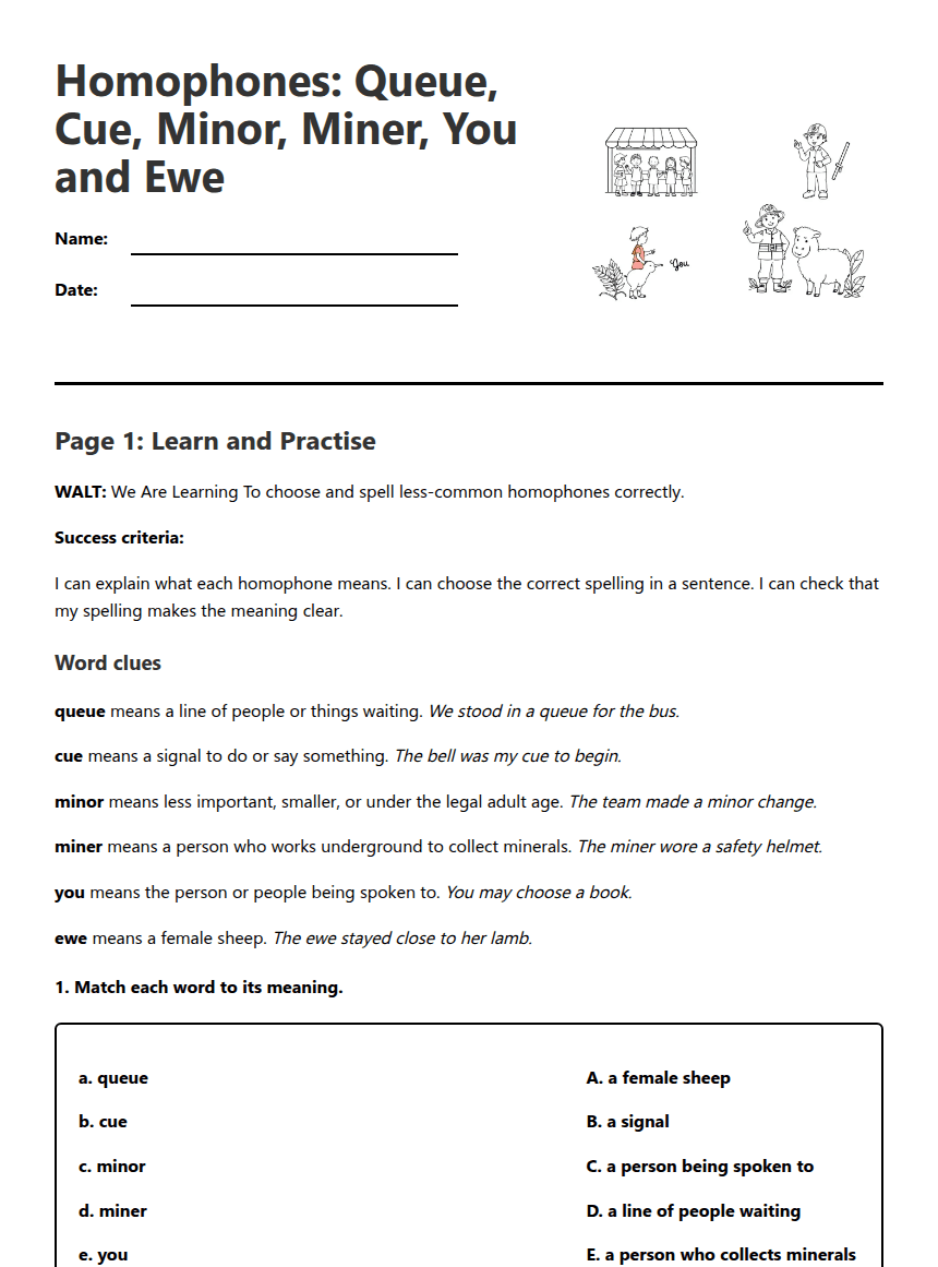 Homophones: Queue, Cue, Minor, Miner, You and Ewe worksheet preview