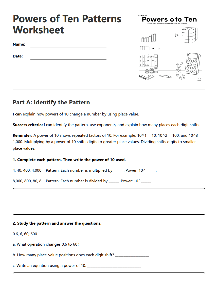 Powers of Ten Patterns Worksheet worksheet preview