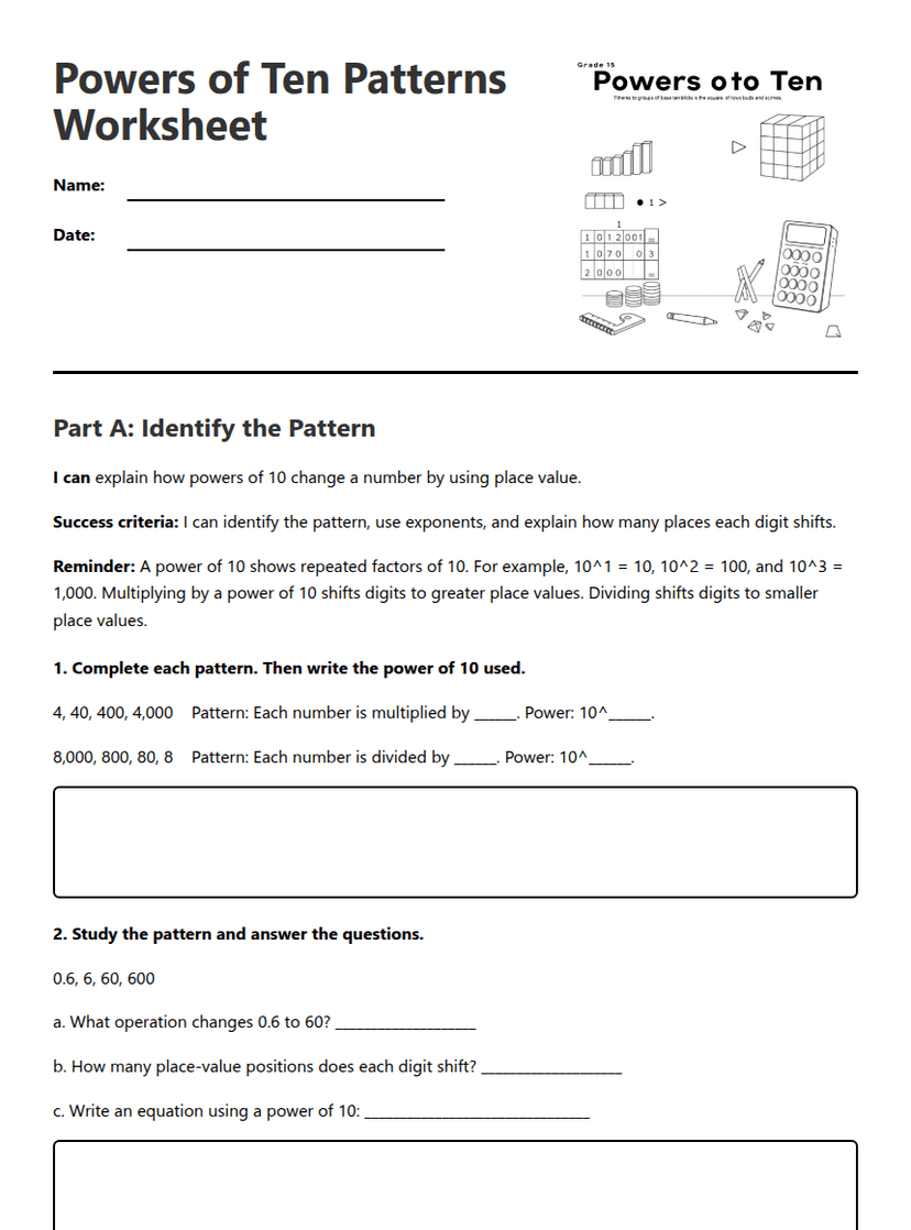 Powers of Ten Patterns Worksheet