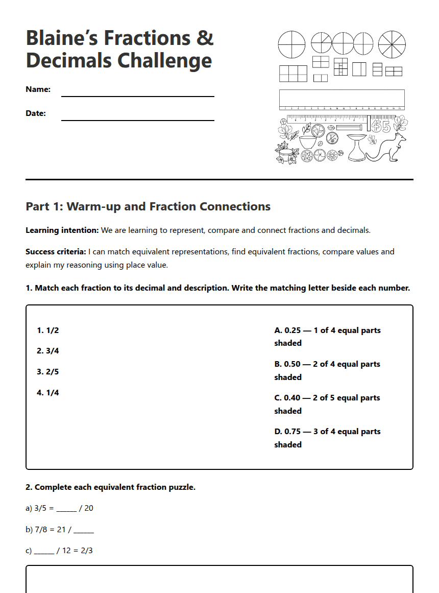 Blaine’s Fractions Challenge worksheet preview