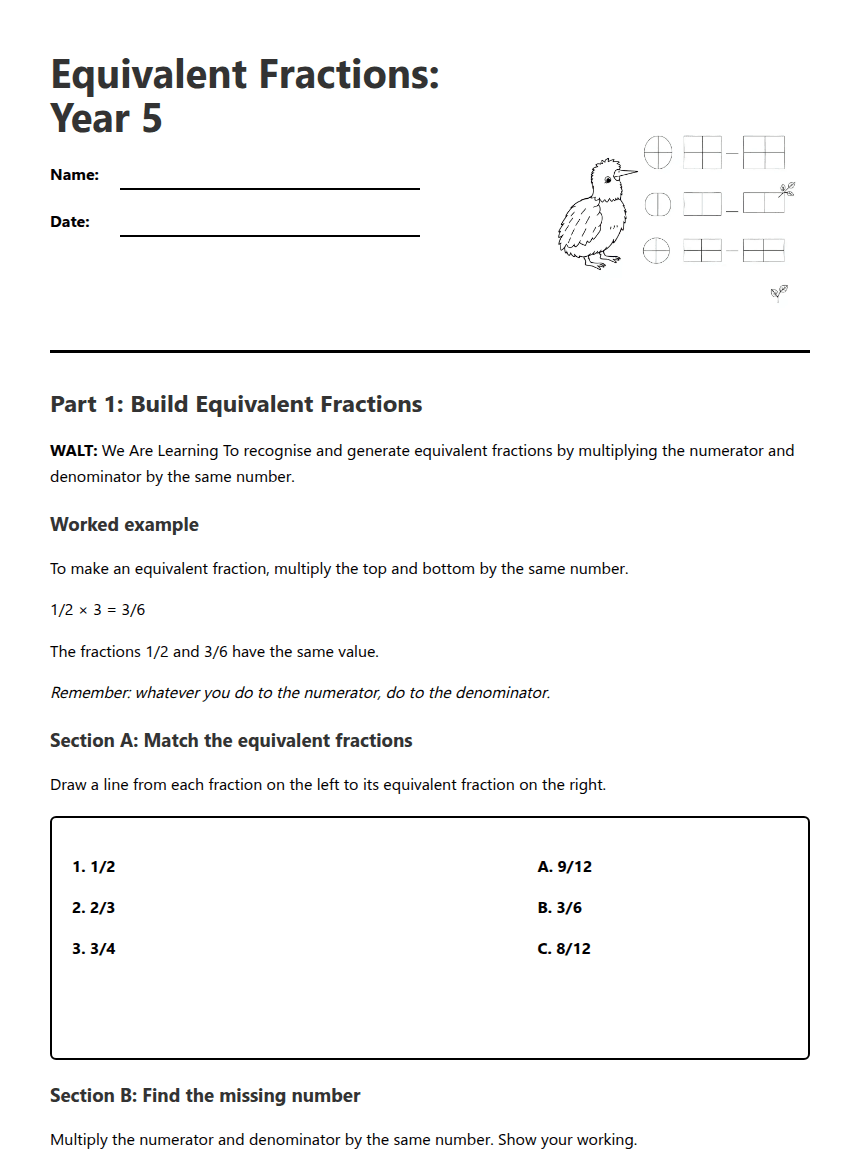 Equivalent Fractions: Year 5 worksheet preview