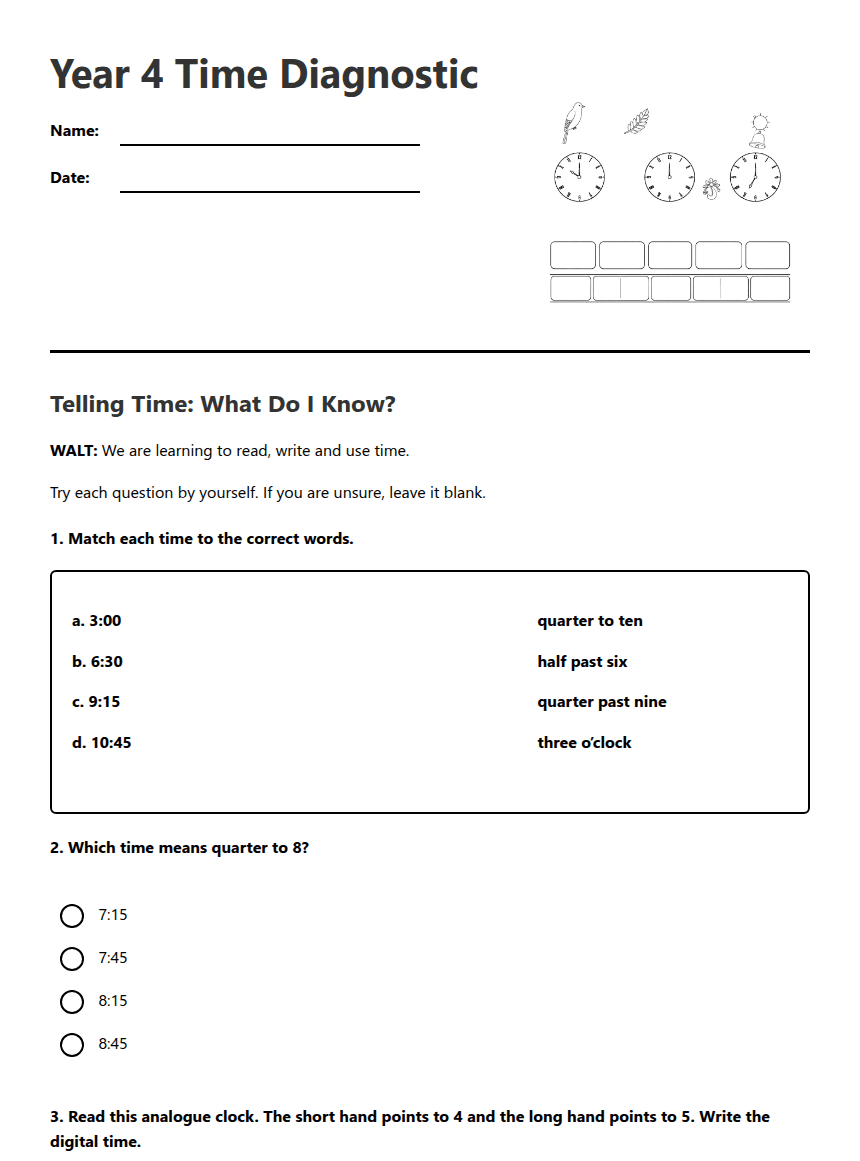 Year 4 Time Diagnostic worksheet preview