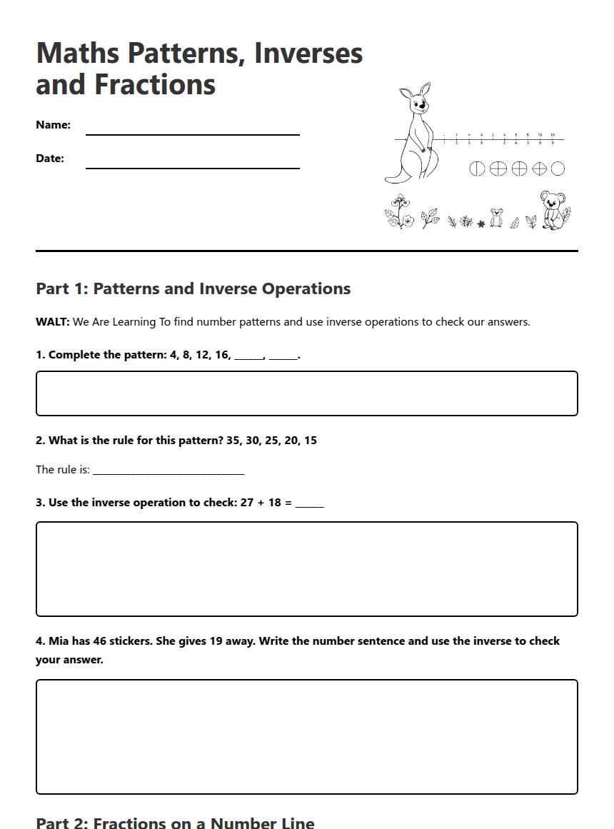 Maths Patterns, Inverses and Fractions worksheet preview