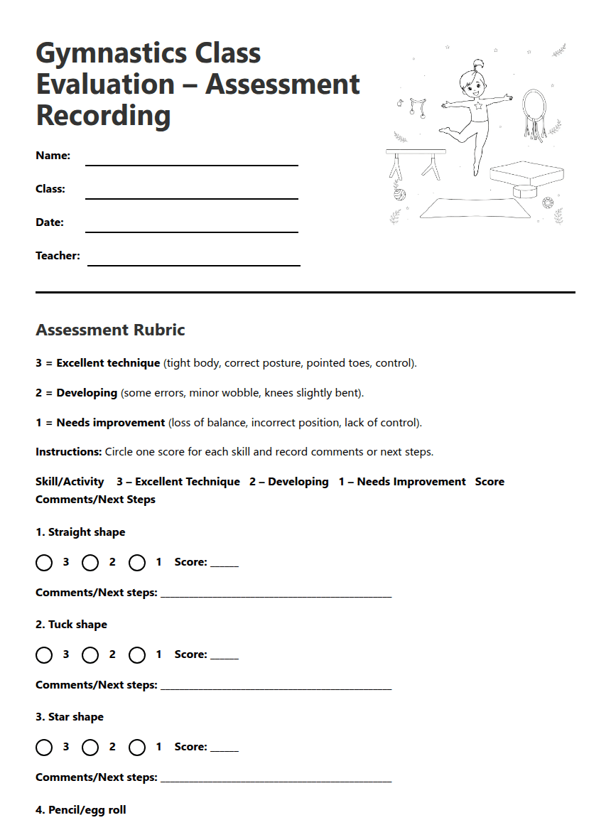 Gymnastics Skills Assessment worksheet preview