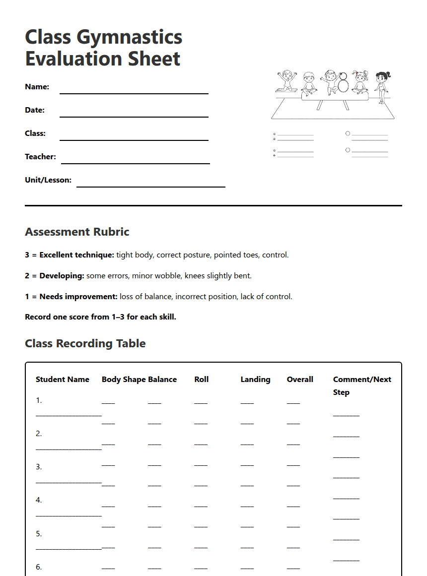 Class Gymnastics Evaluation Sheet worksheet preview