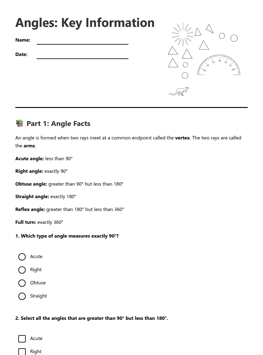 Angles: Key Information worksheet preview
