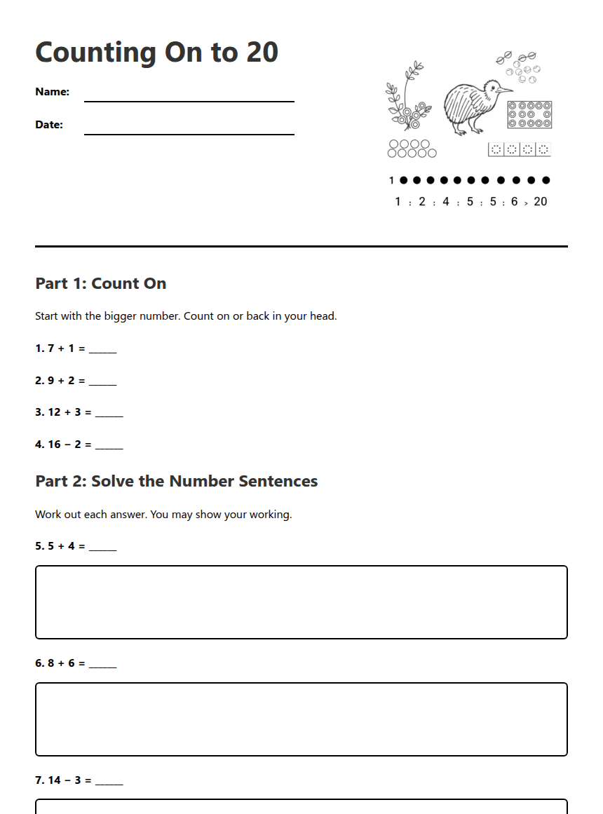 Counting On to 20 worksheet preview