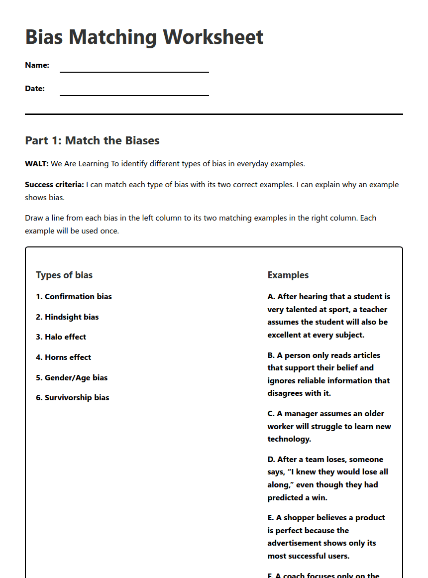 Bias Matching Worksheet worksheet preview