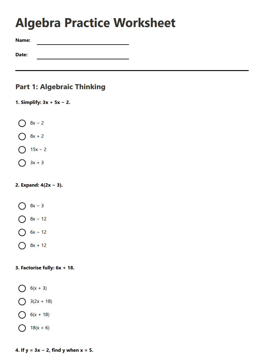 Algebra Practice Worksheet worksheet preview