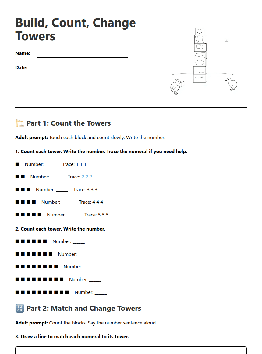 Build, Count, Change Towers worksheet preview