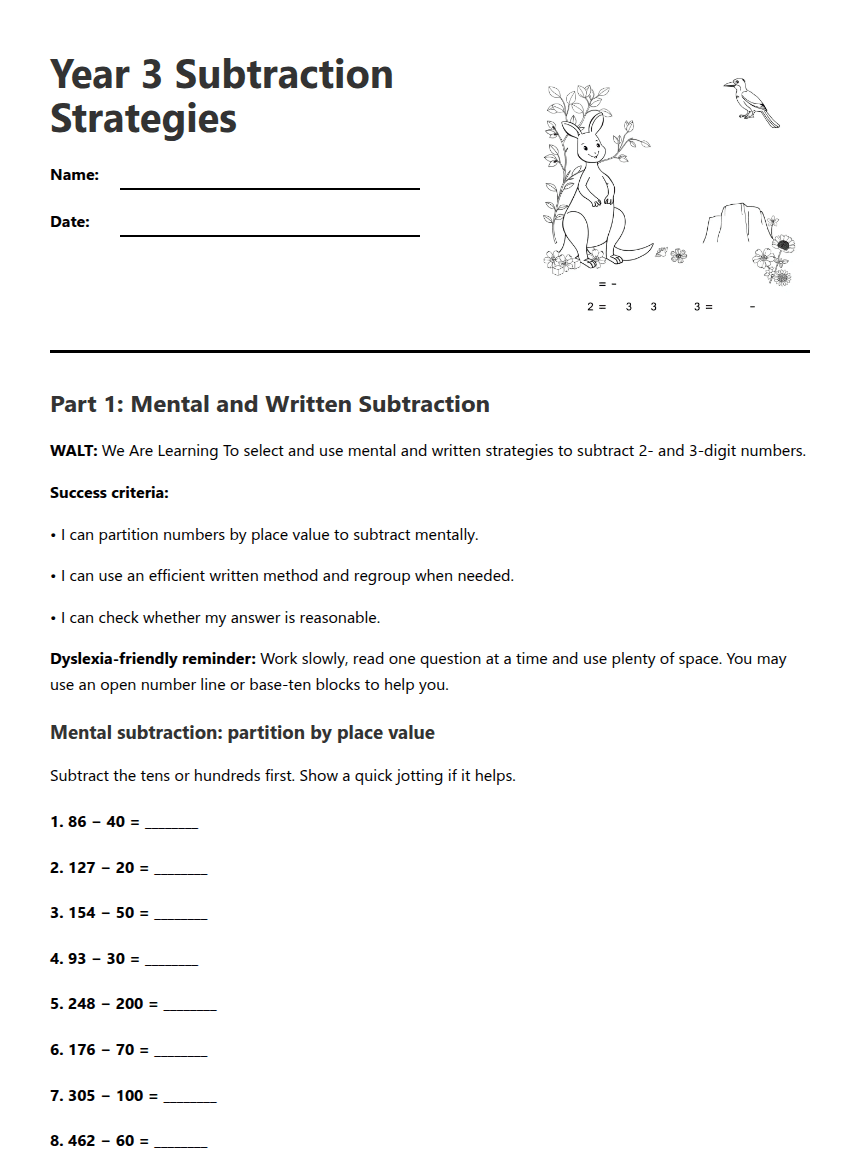 Year 3 Subtraction Strategies worksheet preview
