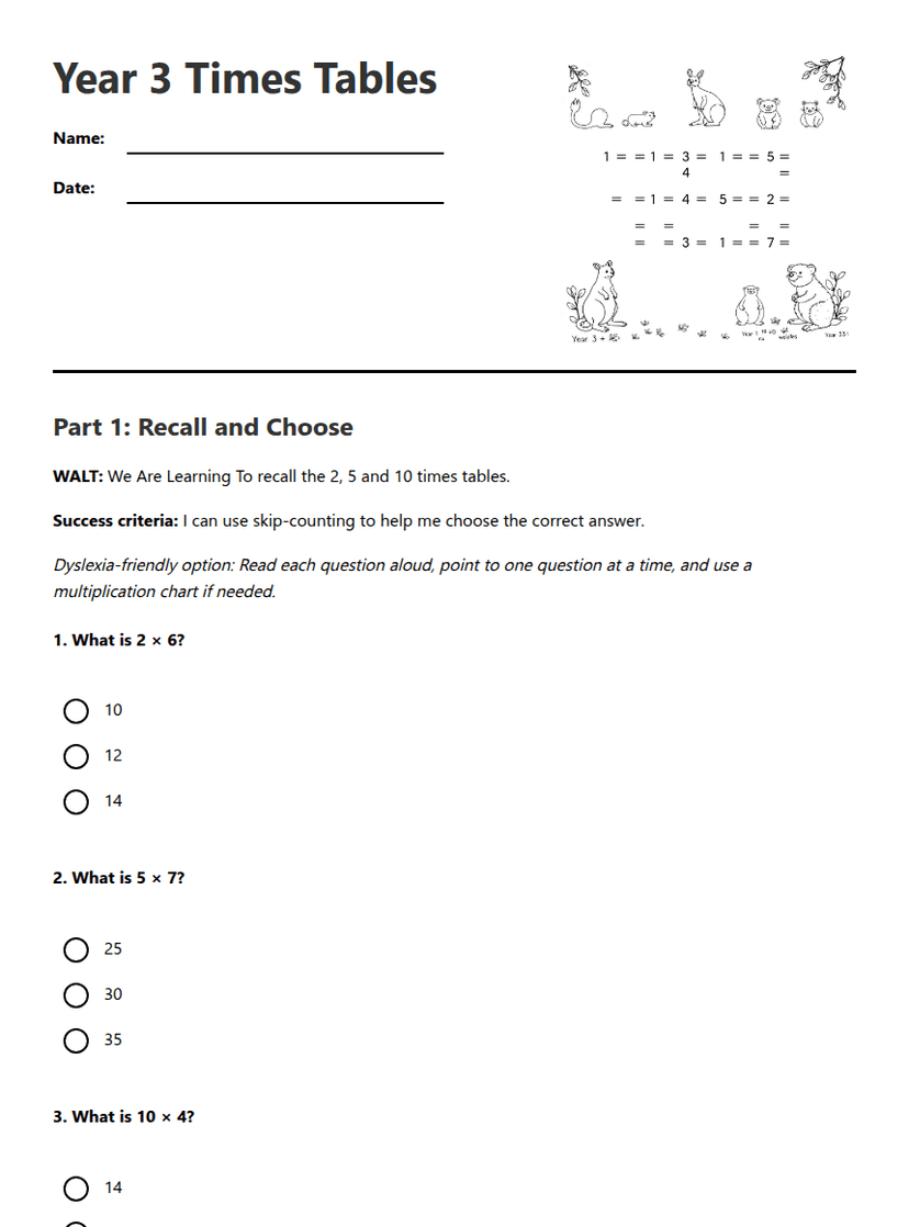 Year 3 Times Tables