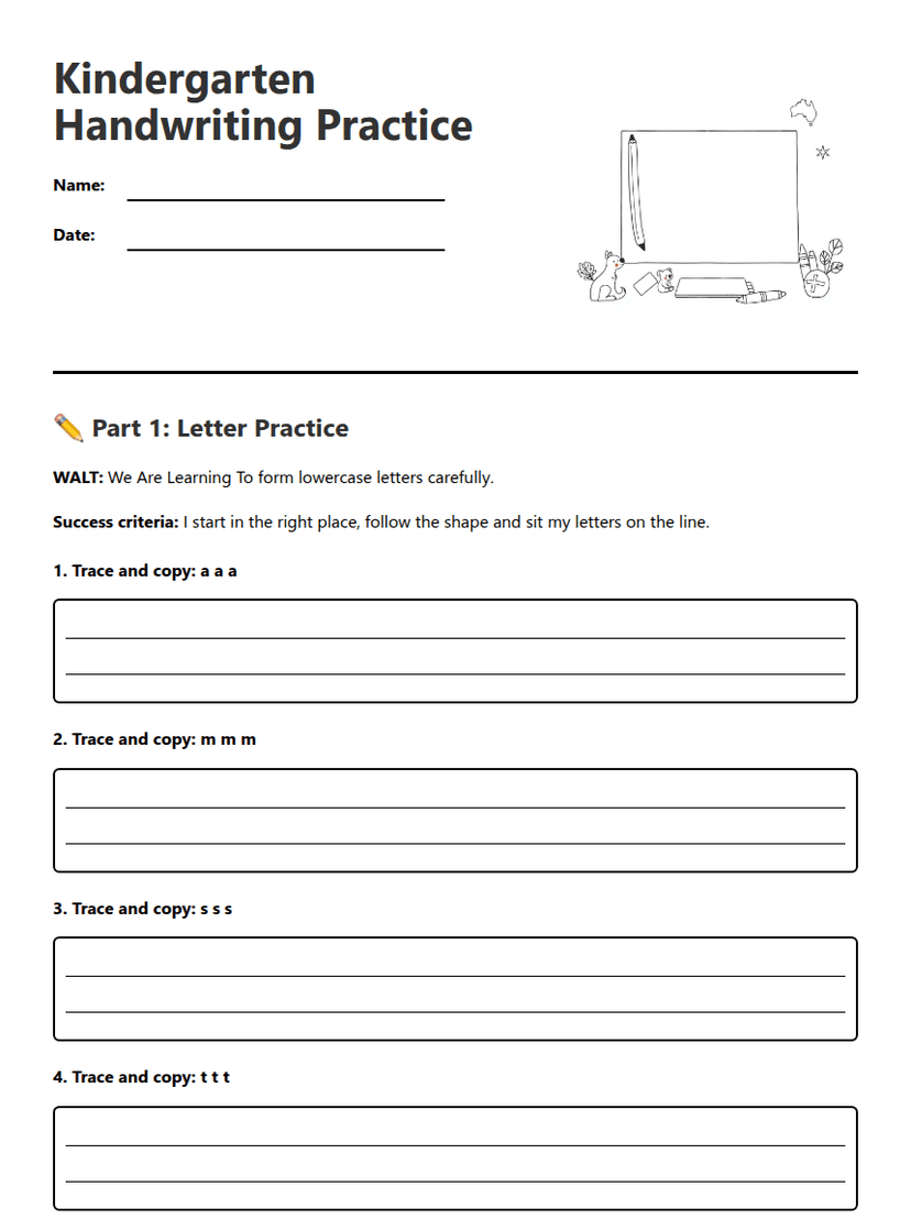 Kindergarten Handwriting Practice