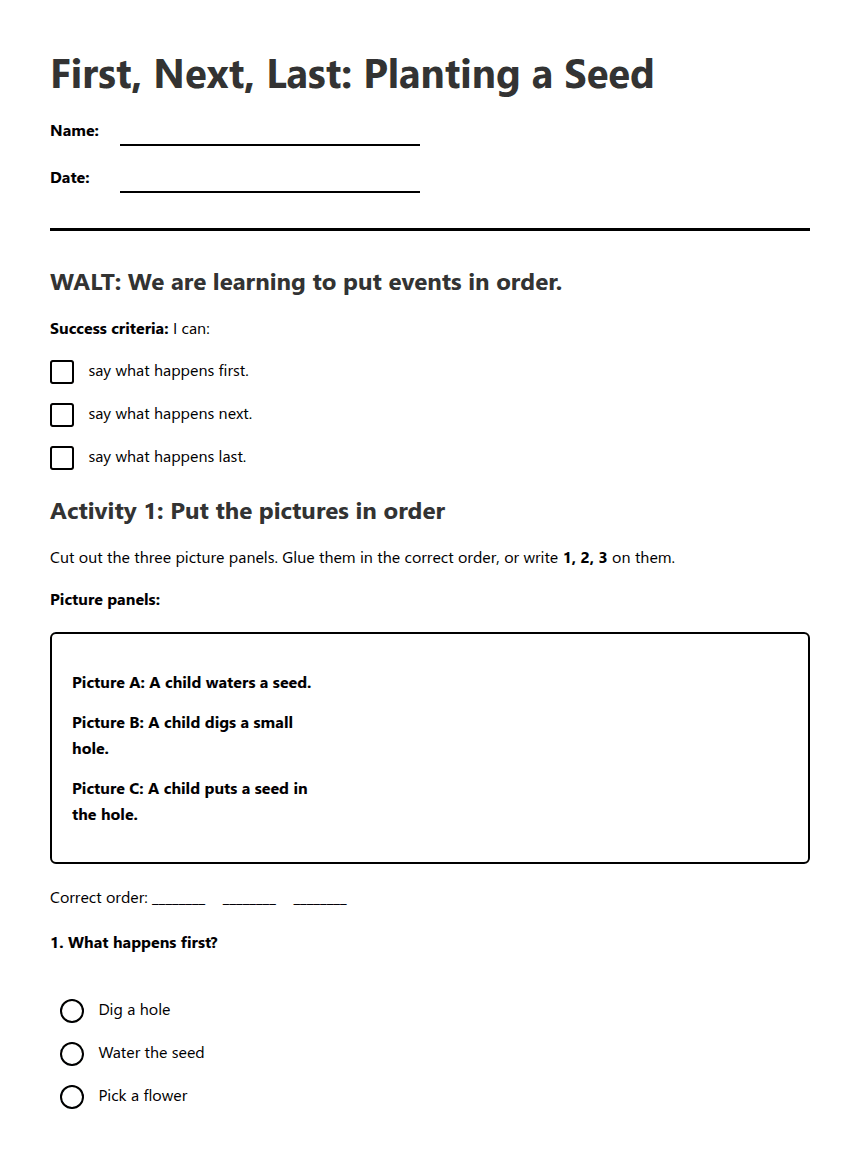 First, Next, Last: Planting a Seed worksheet preview