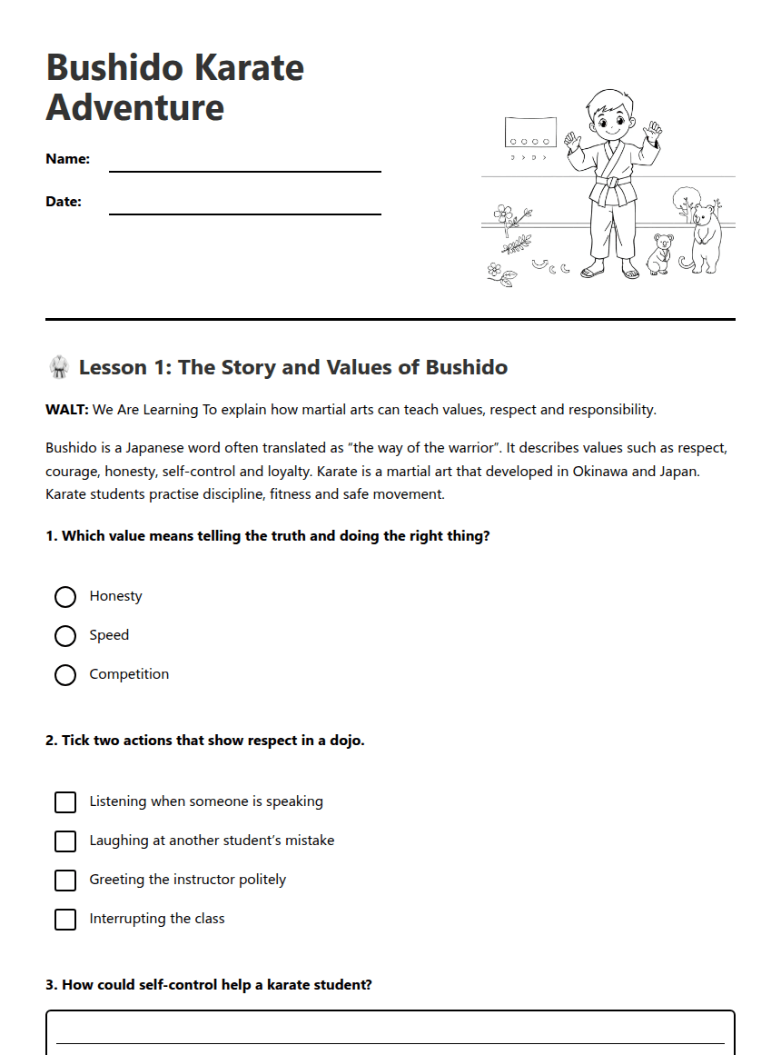 Bushido Karate Adventure worksheet preview