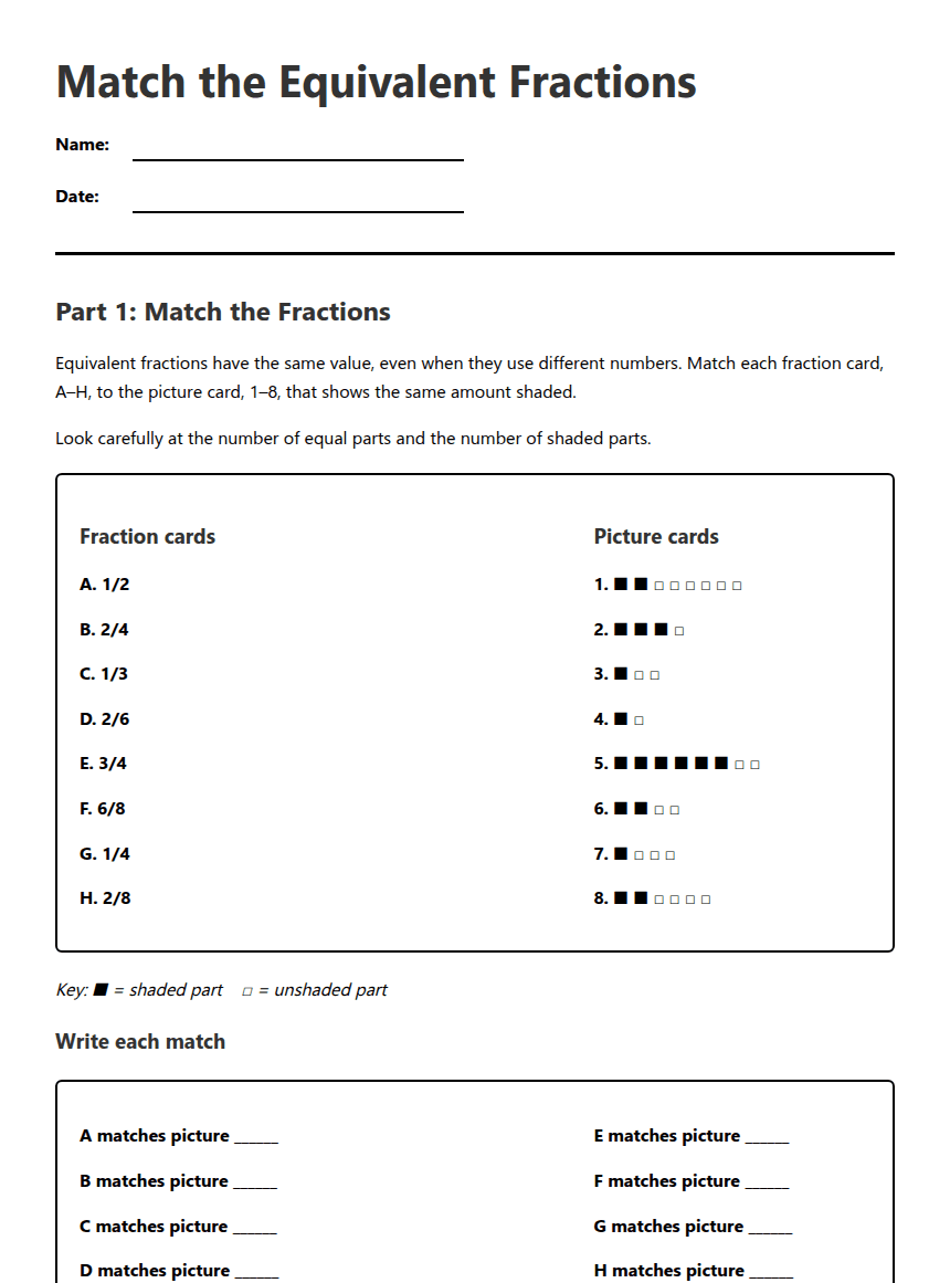 Equivalent Fractions Match worksheet preview