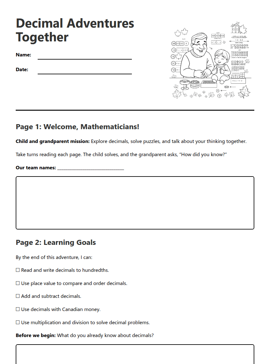 Decimal Adventures Together worksheet preview