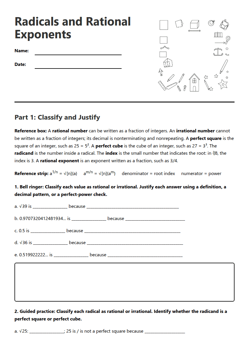 Radicals and Rational Exponents worksheet preview