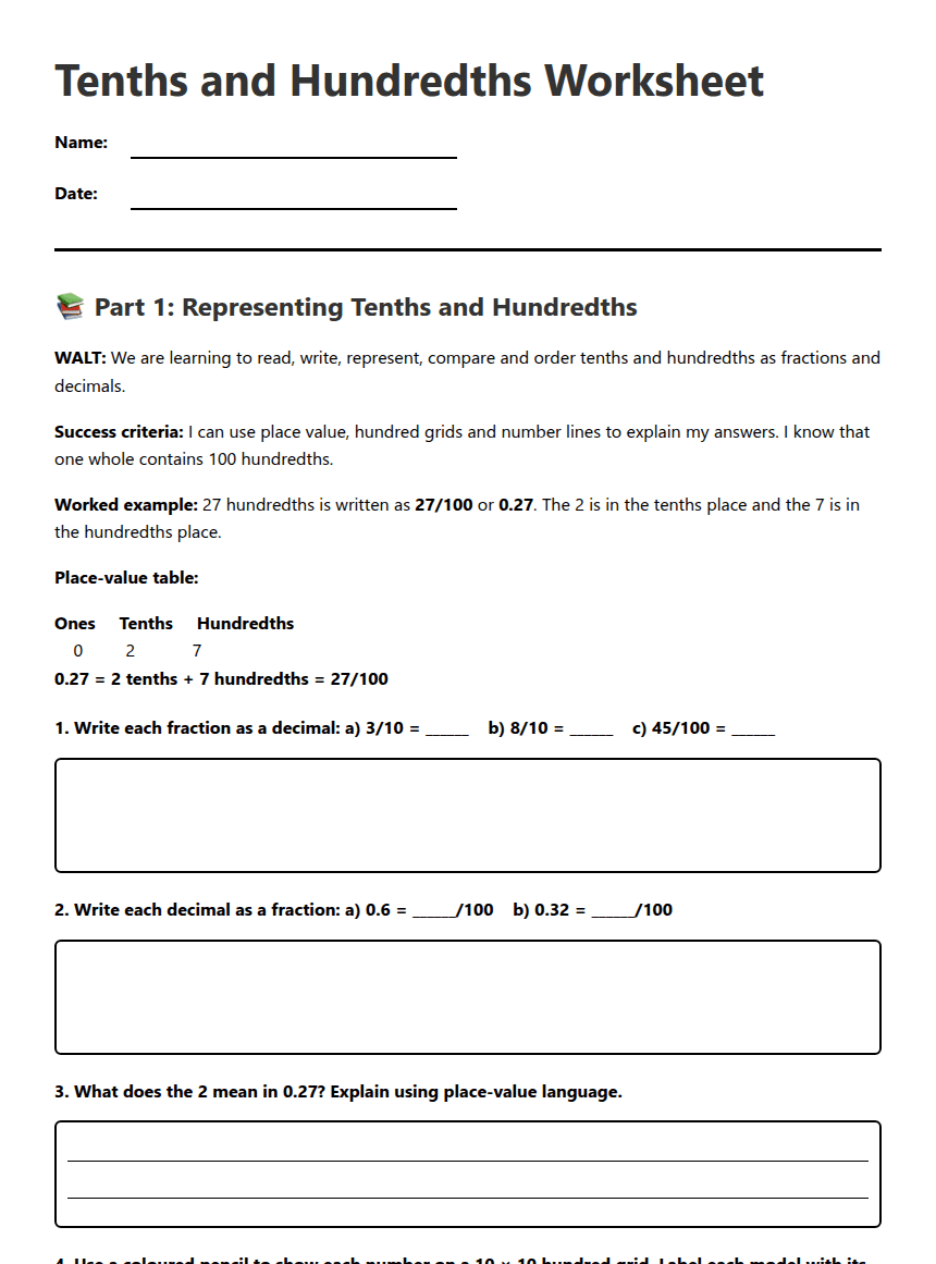 Tenths and Hundredths Worksheet worksheet preview