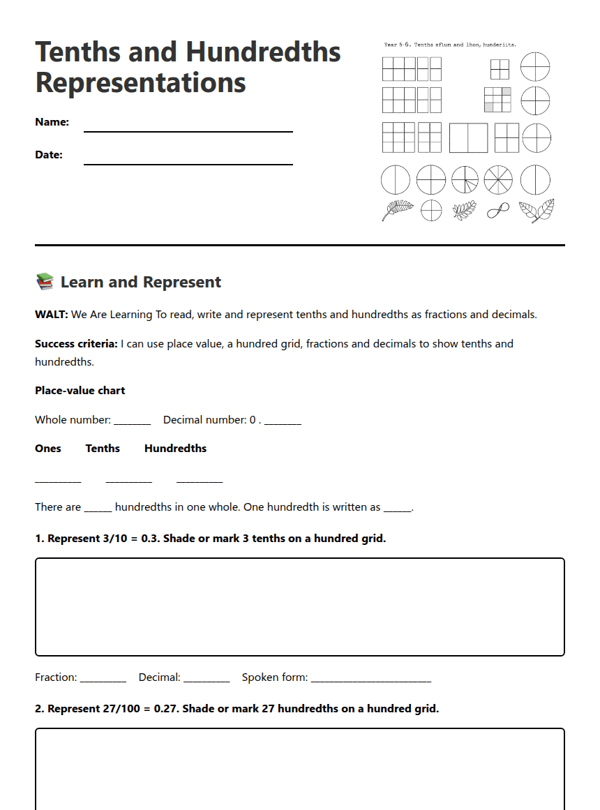 Tenths and Hundredths Representations worksheet preview