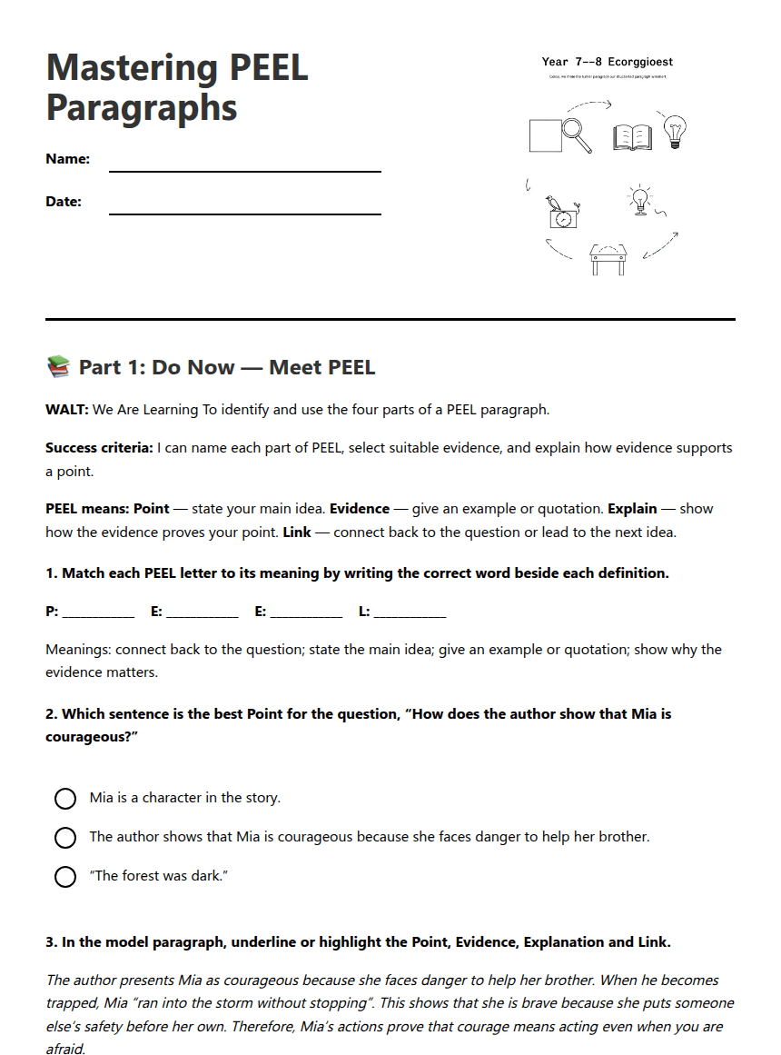 Mastering PEEL Paragraphs worksheet preview