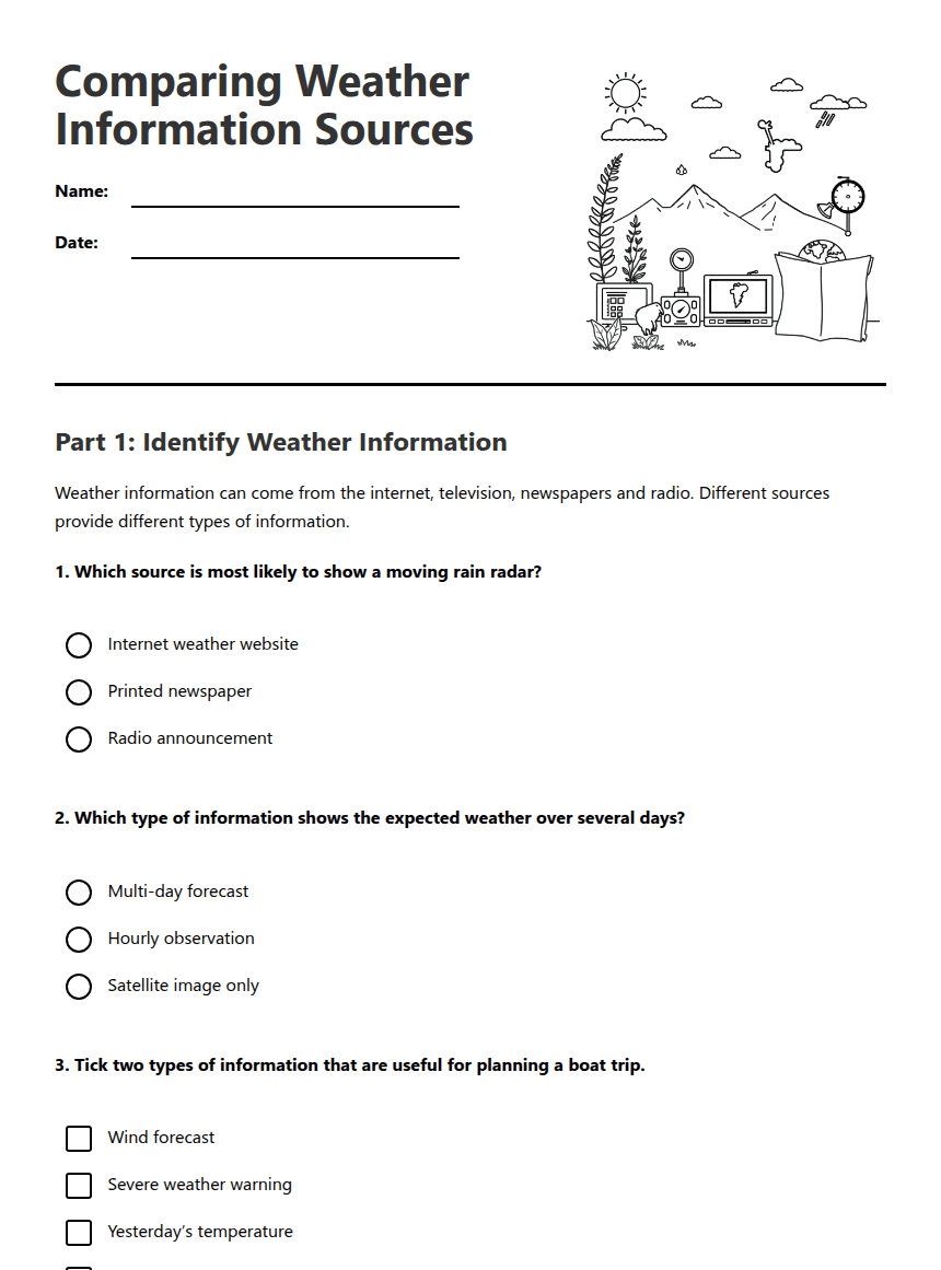 Comparing Weather Information Sources worksheet preview