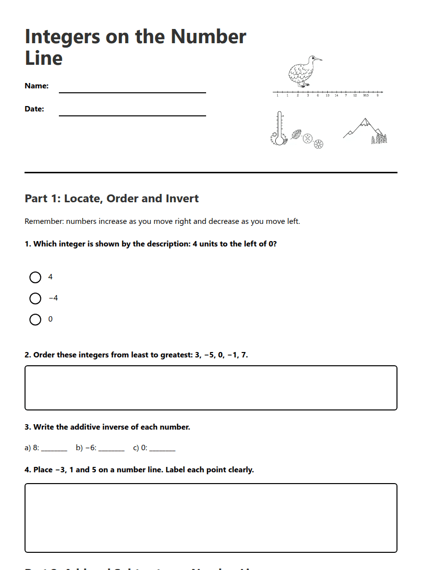 Integers on the Number Line worksheet preview