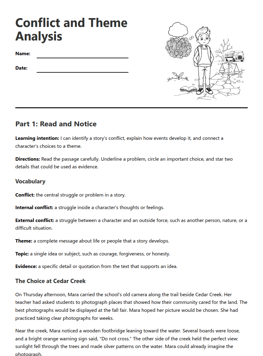 Conflict and Theme Analysis worksheet preview
