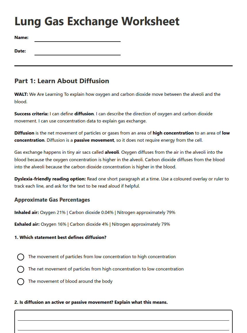 Lung Gas Exchange Worksheet worksheet preview