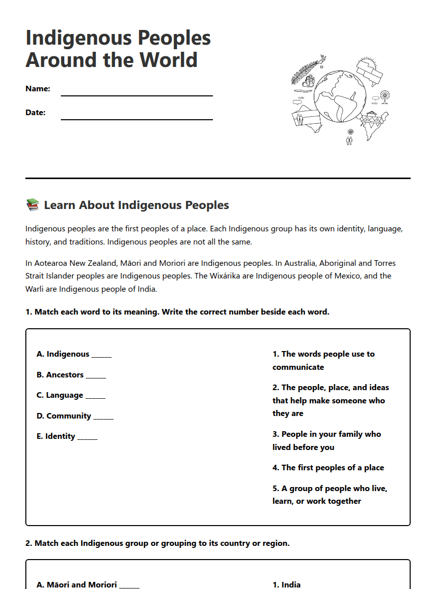 Indigenous Peoples Worldwide worksheet preview
