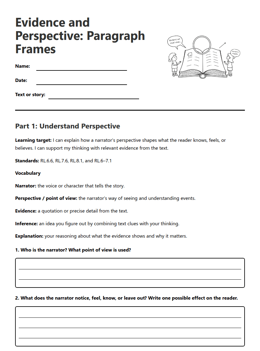 Narrator Perspective Evidence Paragraph、】【 worksheet preview