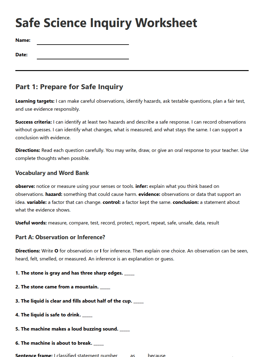 Safe Science Inquiry Worksheet worksheet preview