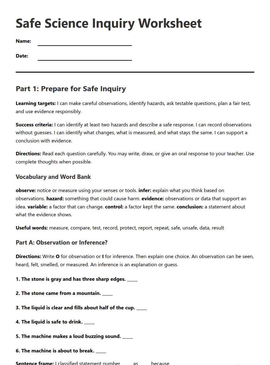Safe Science Inquiry Worksheet