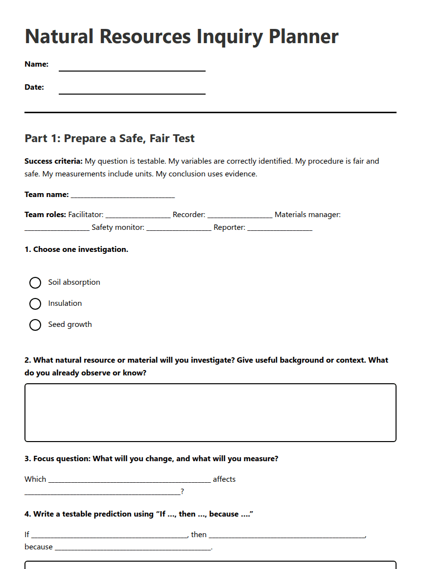 Natural Resources Inquiry Planner worksheet preview