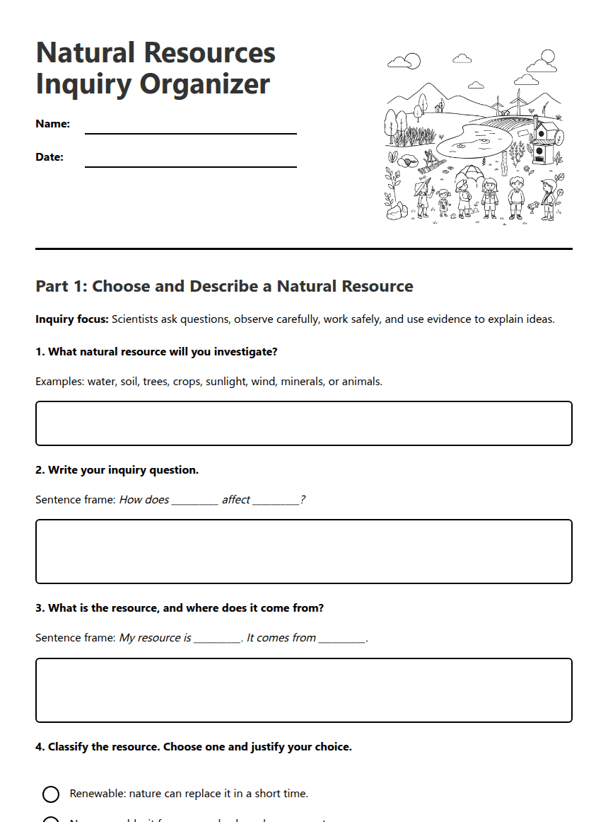 Natural Resources Inquiry Organizer worksheet preview