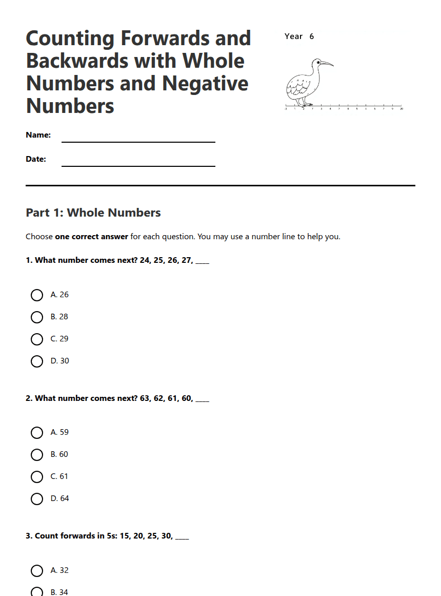 Counting Whole Numbers and Negatives worksheet preview