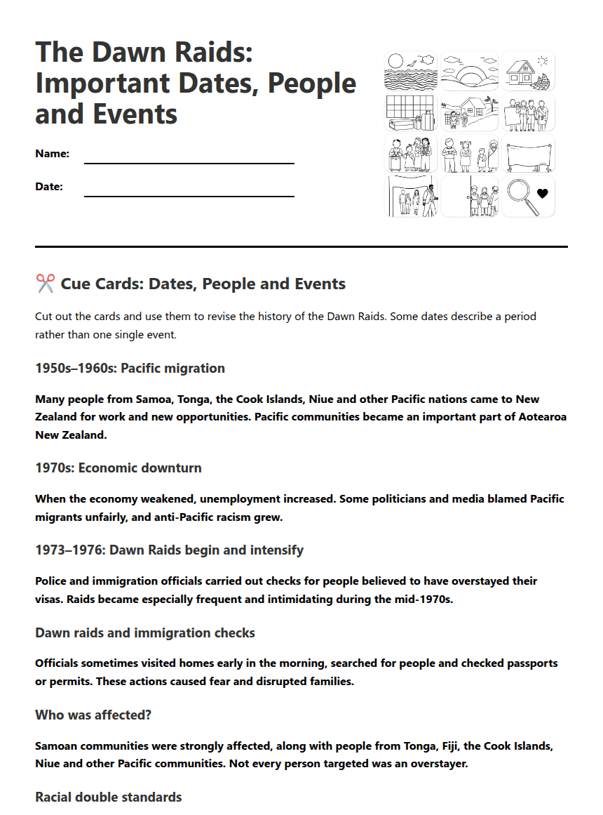 Dawn Raids: Key Dates and People worksheet preview