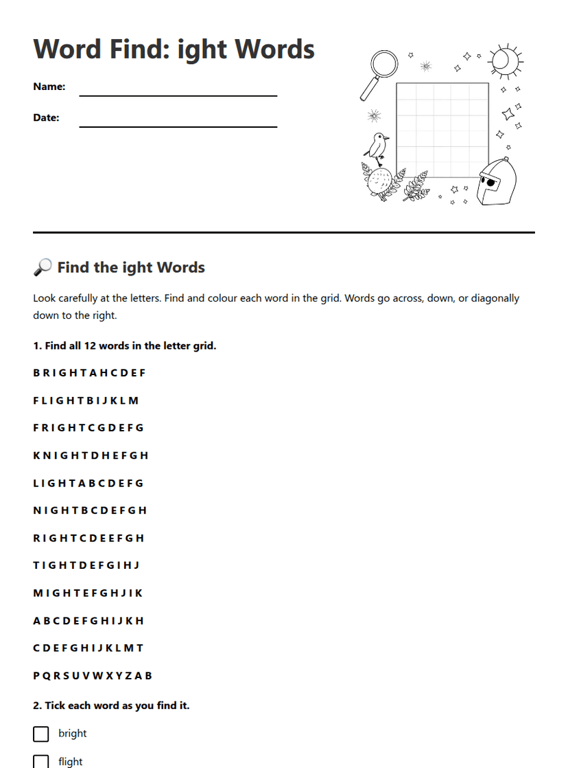 Word Find: ight Words