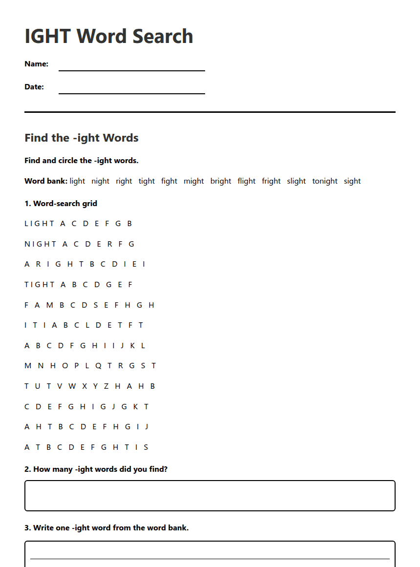IGHT Word Search worksheet preview