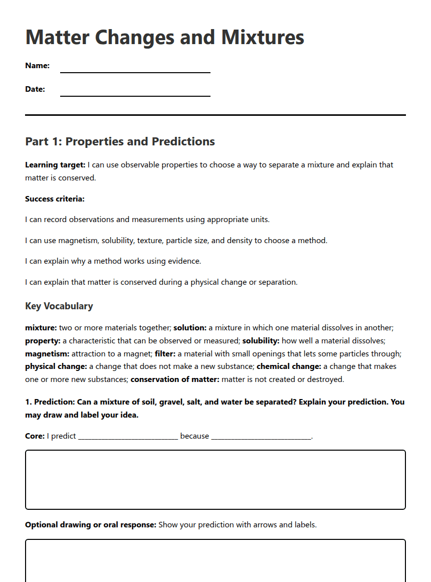 Matter Changes and Mixtures worksheet preview