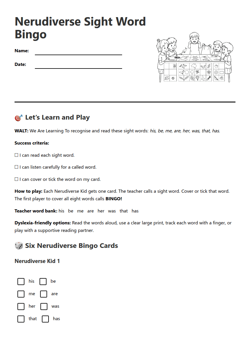 Nerudiverse Sight Word Bingo worksheet preview