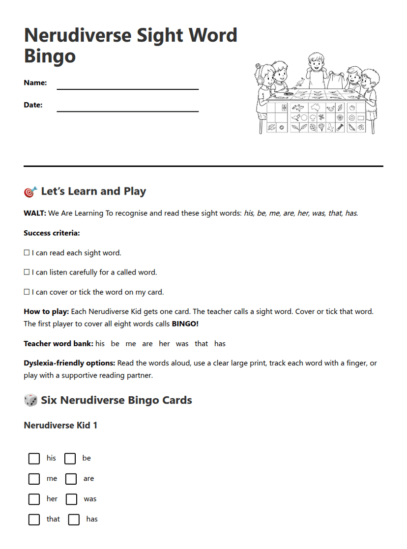 Nerudiverse Sight Word Bingo