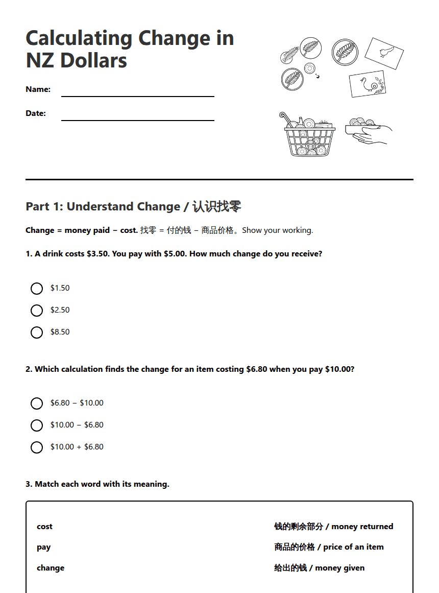 Calculating Change in NZ Dollars worksheet preview