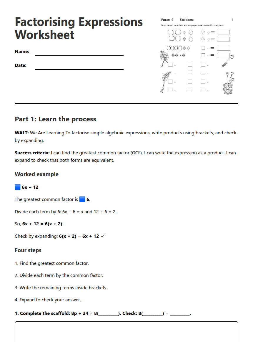 Factorising Expressions Worksheet worksheet preview