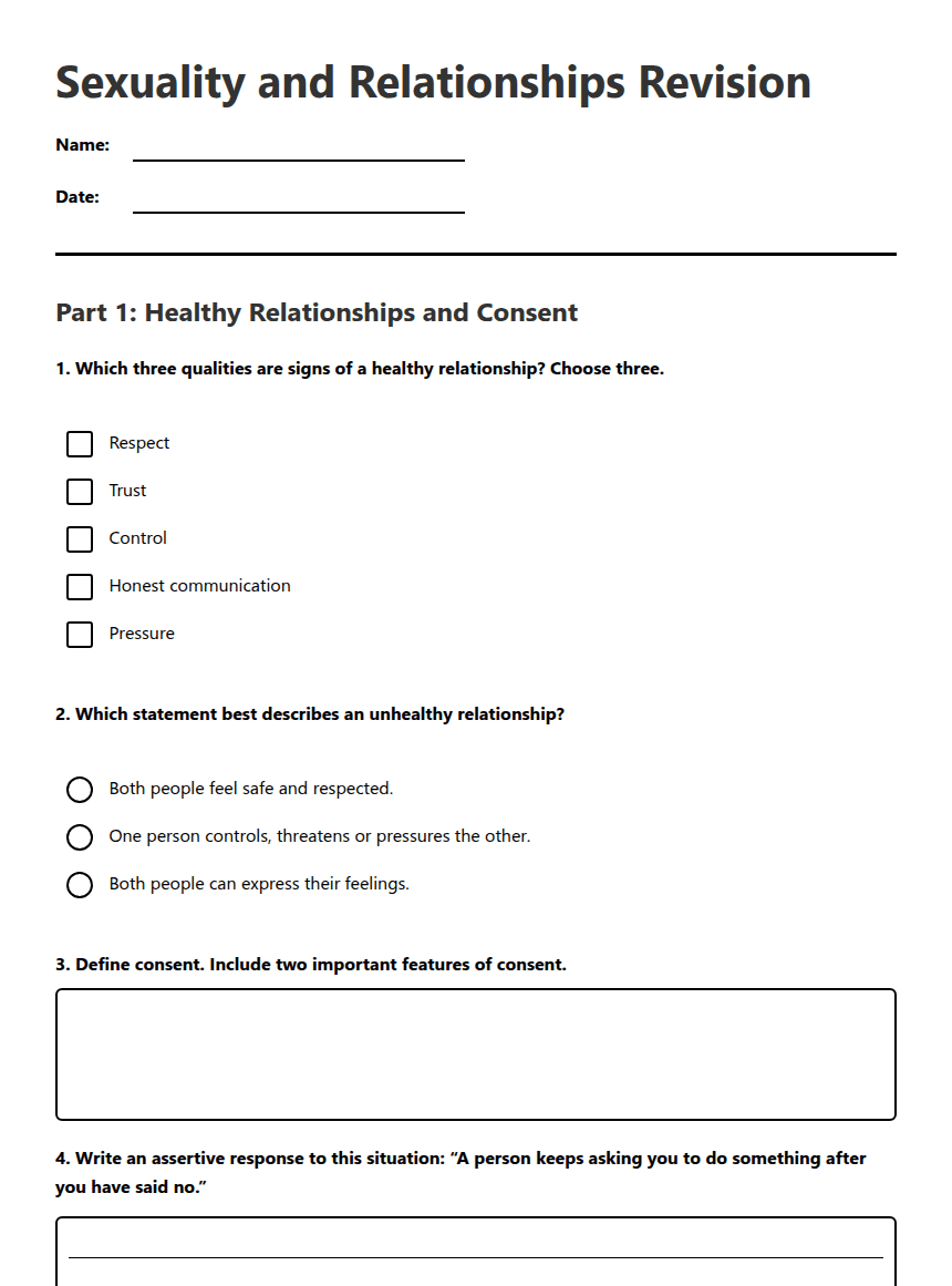 Sexuality and Relationships Revision worksheet preview