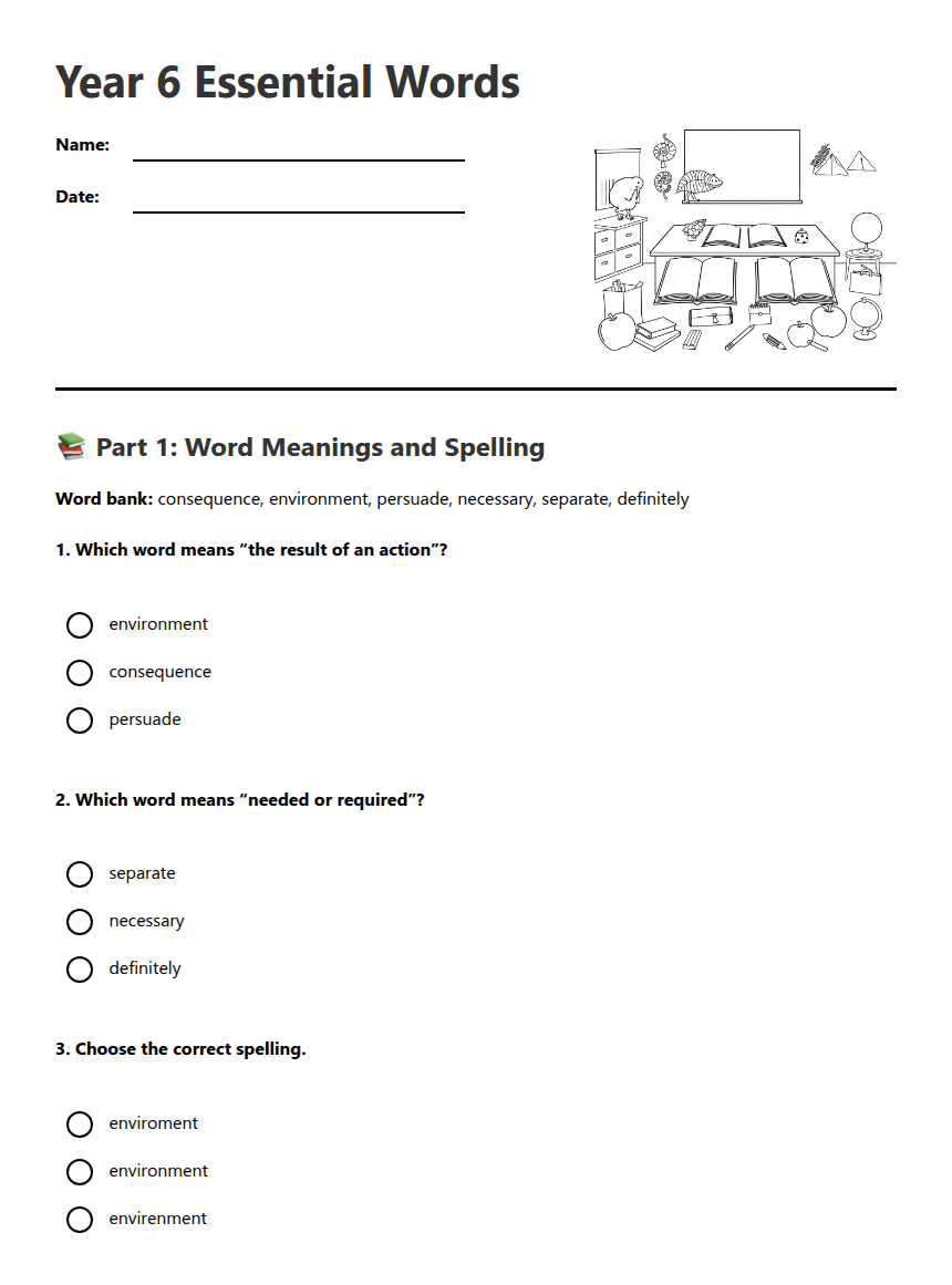 Year 6 Essential Words worksheet preview