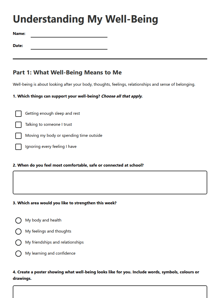 Understanding My Well-Being worksheet preview