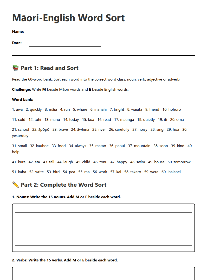 Māori-English Word Sort worksheet preview